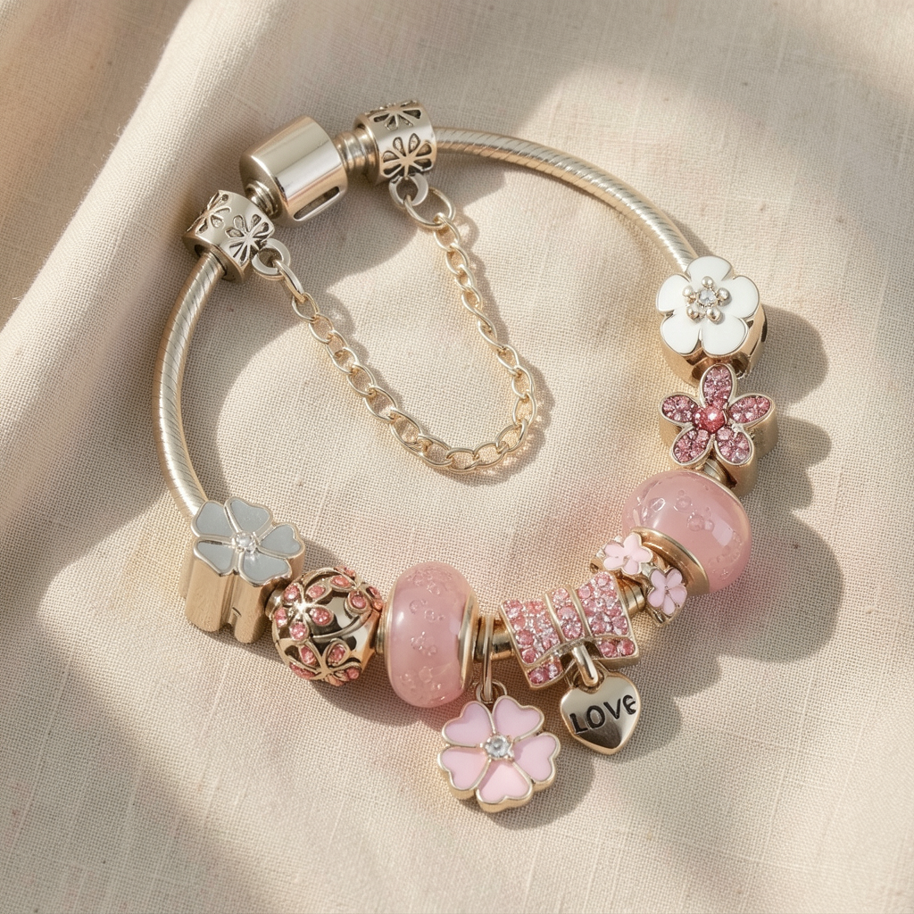 Roségold-Armband mit Blumen- und Herzanhängern