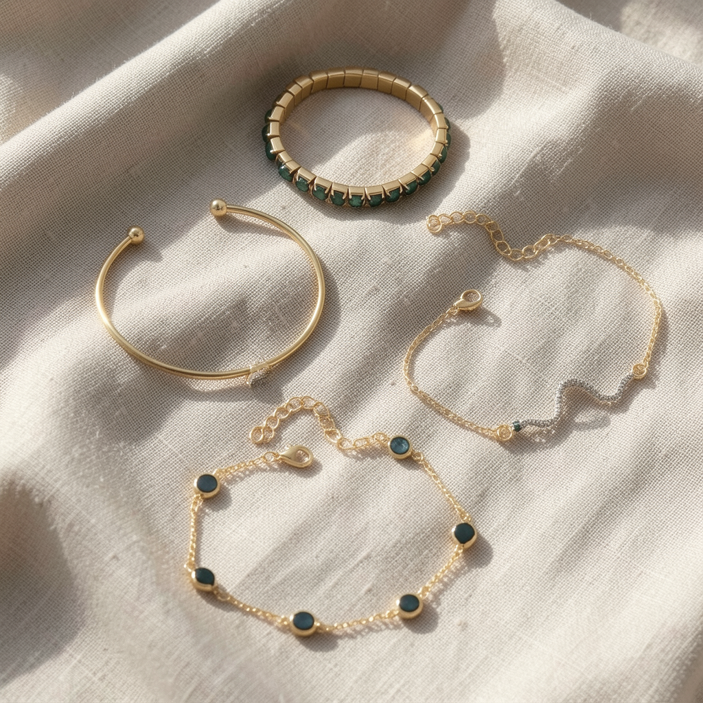 4-teiliges Armband-Set in Smaragdgrün und Gold – Boho Luxe