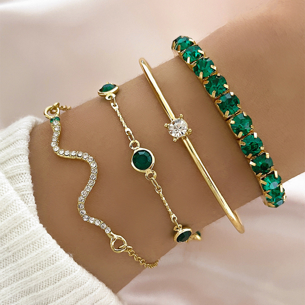 4-teiliges Armband-Set in Smaragdgrün und Gold – Boho Luxe
