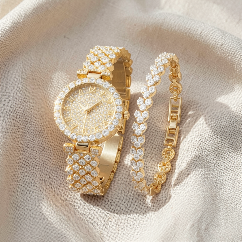 Luxuriöses goldenes Uhren- und Armband-Set