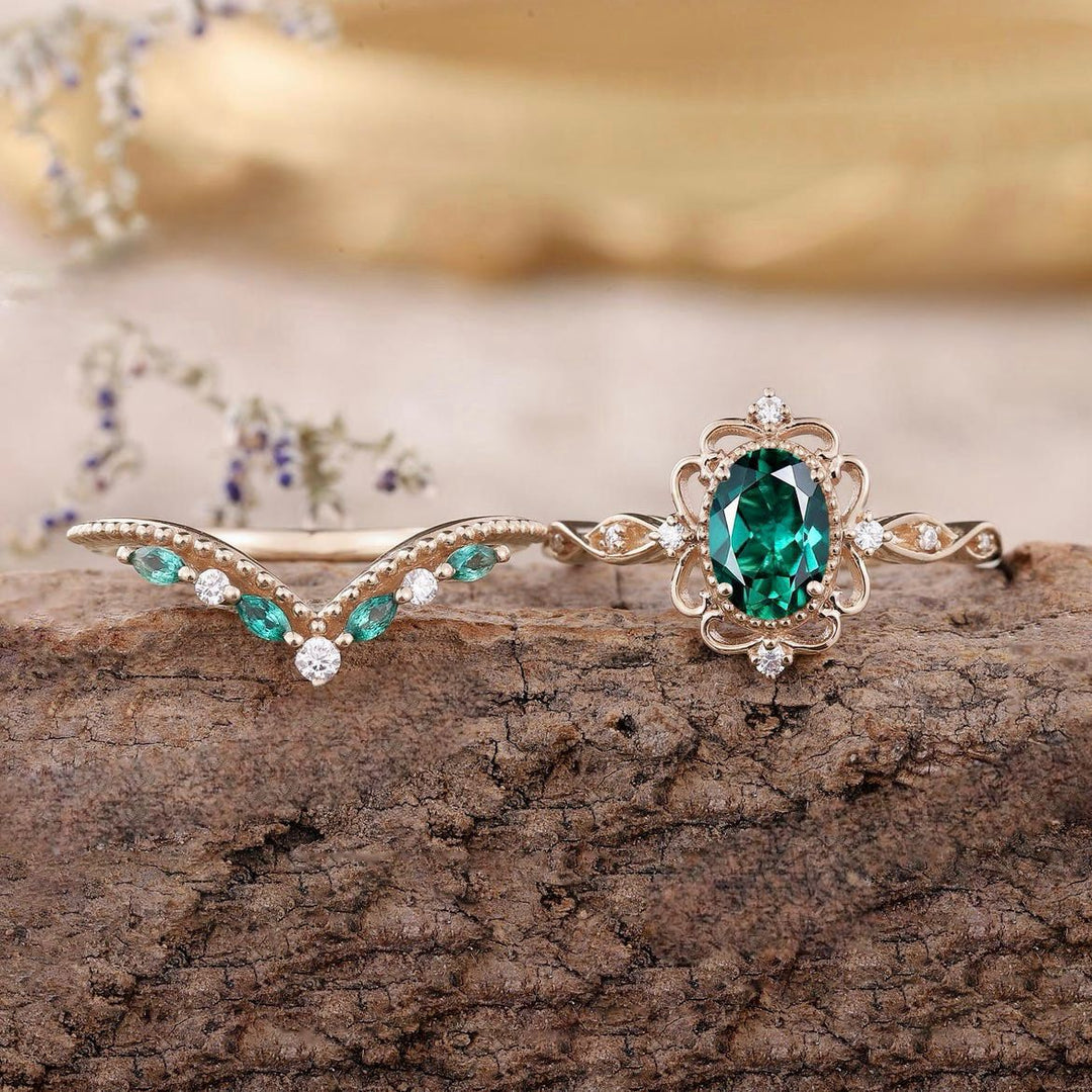 Ringset Aurelle Krone mit Smaragd | Roségold