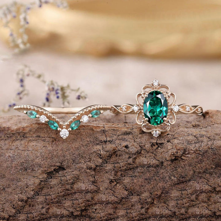Ringset Aurelle Krone mit Smaragd | Roségold