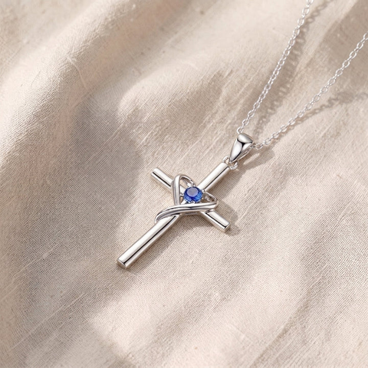 Halskette Kreuz mit Saphir | Weissgold