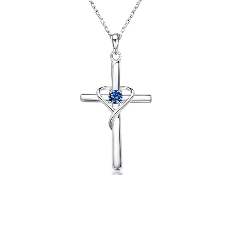 Halskette Kreuz mit Saphir | Weissgold