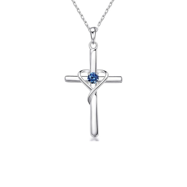 Halskette Kreuz mit Saphir | Weissgold