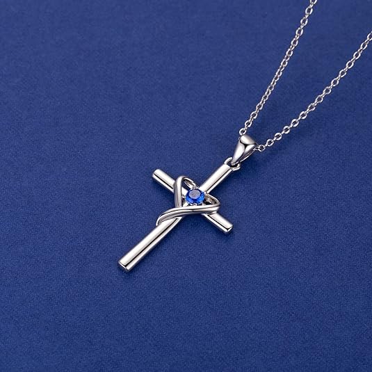 Halskette Kreuz mit Saphir | Weissgold