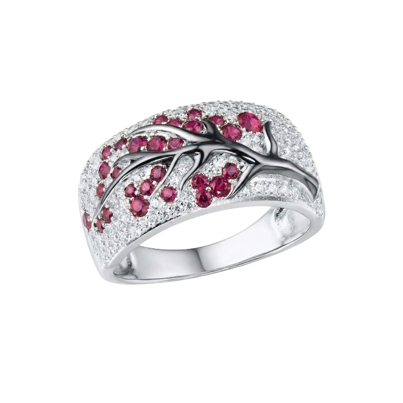 Ring Blühender Baum mit Rubinen | Weissgold