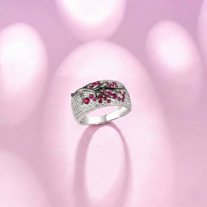 Ring Blühender Baum mit Rubinen | Weissgold