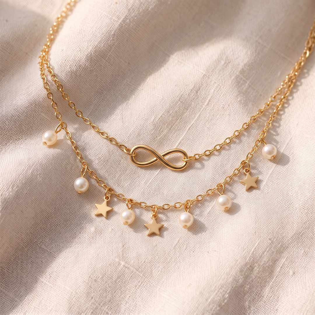Infinity-Fusskettchen mit Perlen und Sternen | Gold