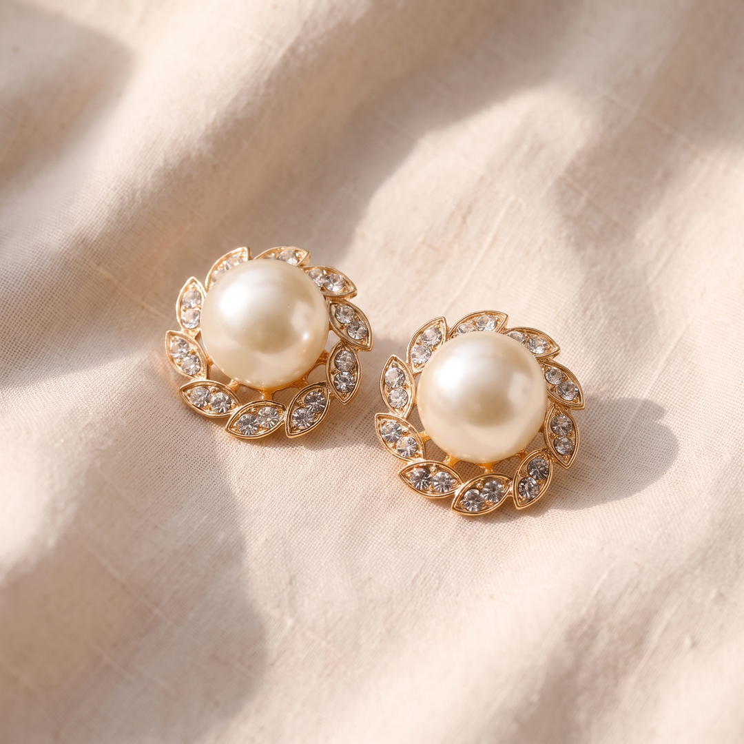 Ohrringe mit Perle und glitzernden Blättern | Gold