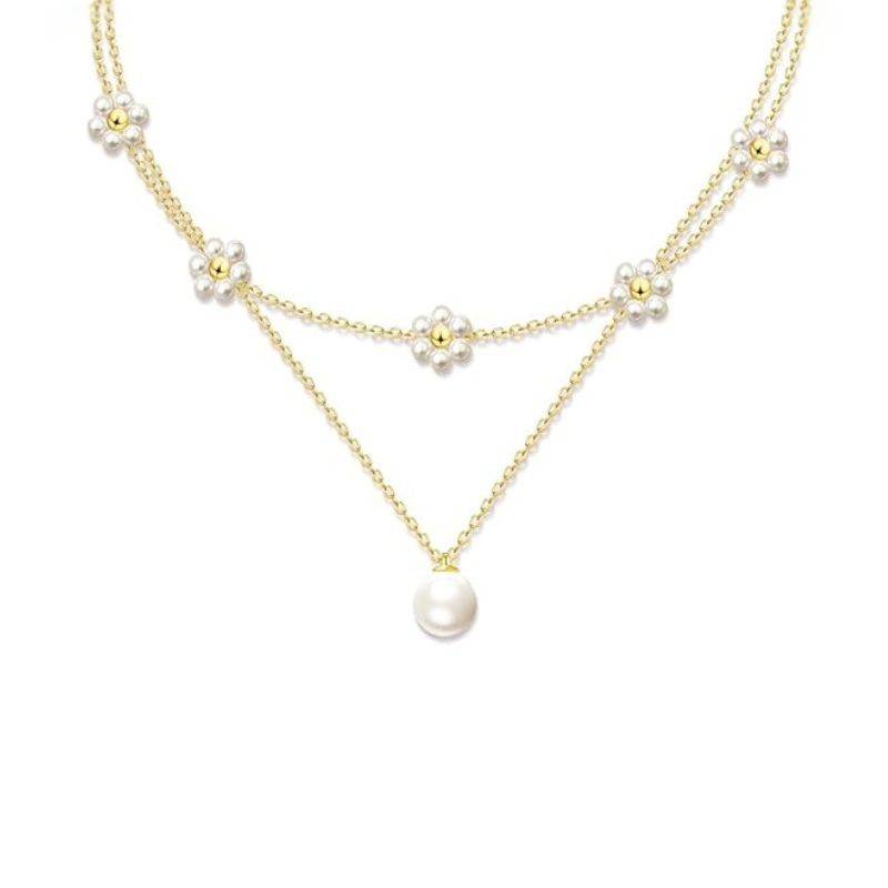 Mehrreihige Perlenhalskette mit Blumenornament | Gold