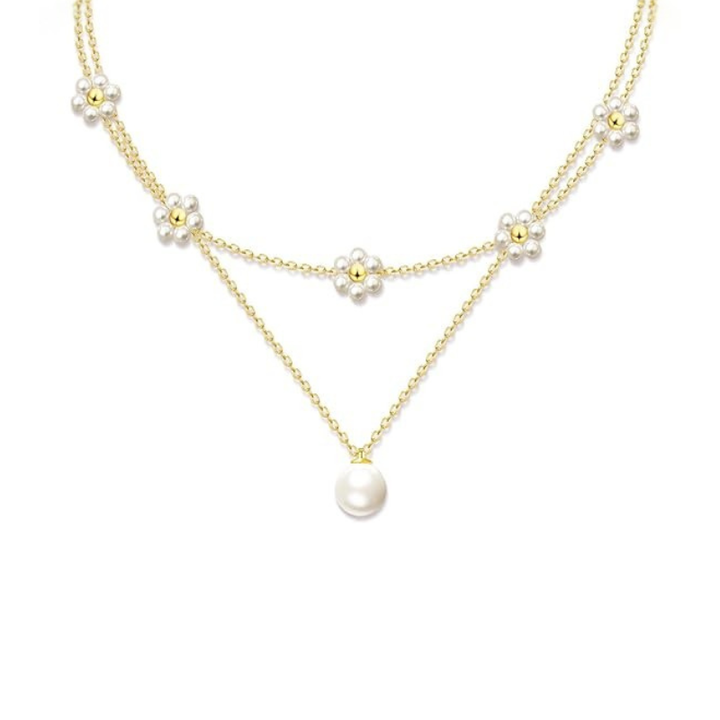 Mehrreihige Perlenhalskette mit Blumenornament | Gold