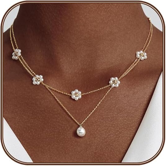 Mehrreihige Perlenhalskette mit Blumenornament | Gold