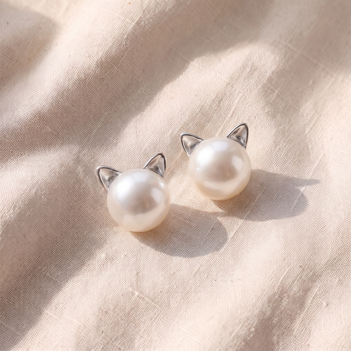 Silberne Ohrringe Katze mit Perle