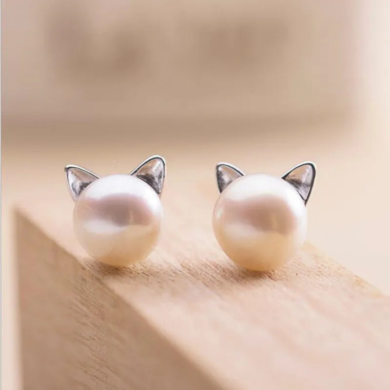 Silberne Ohrringe Katze mit Perle