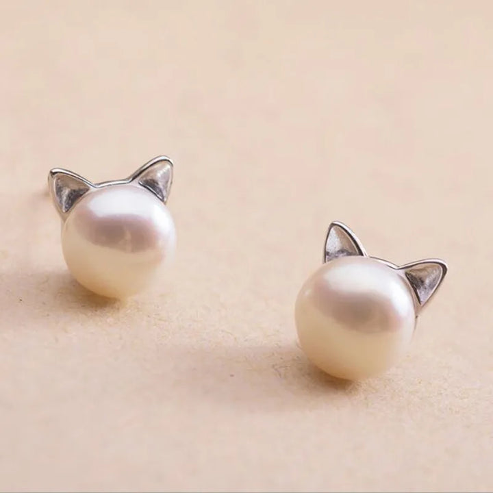 Silberne Ohrringe Katze mit Perle