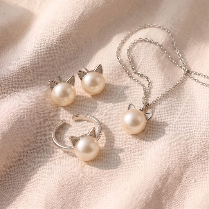 Perlenhalskette Katze + Ohrringe und Ring als Geschenk