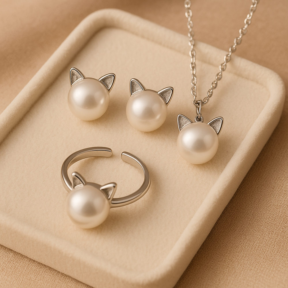 Perlenhalskette Katze + Ohrringe und Ring als Geschenk