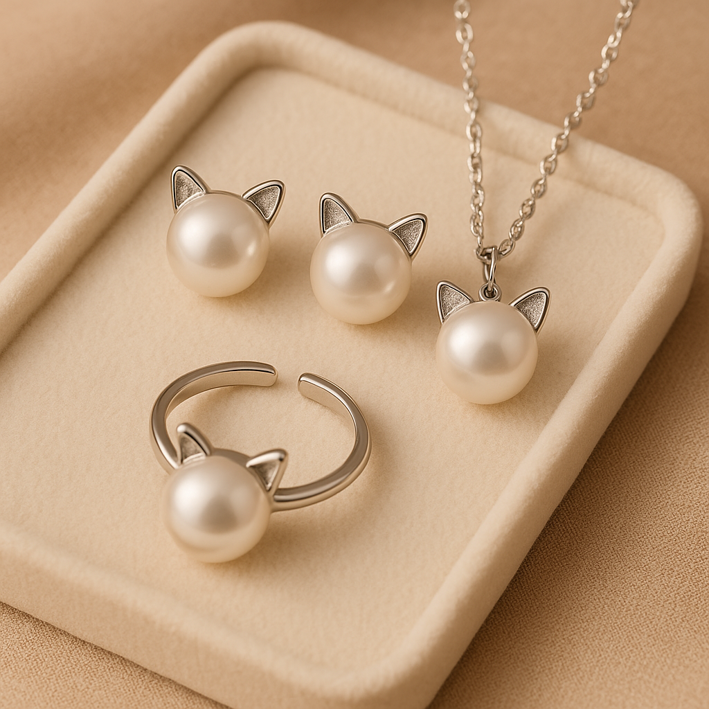 Perlenhalskette Katze + Ohrringe und Ring als Geschenk