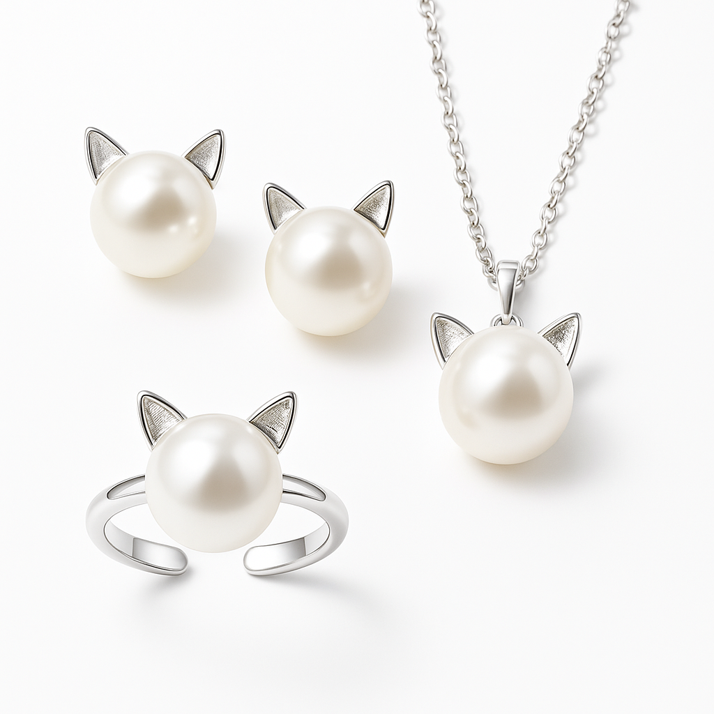 Perlenhalskette Katze + Ohrringe und Ring als Geschenk