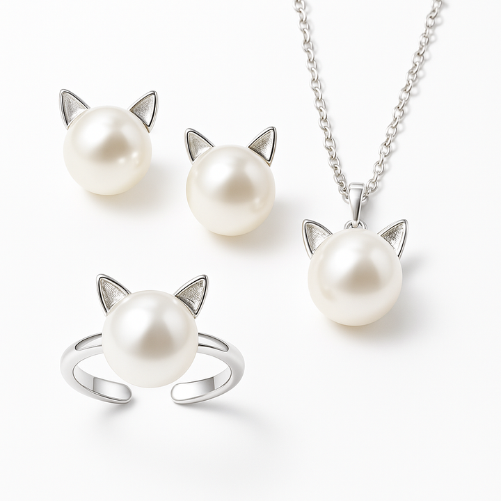 Perlenhalskette Katze + Ohrringe und Ring als Geschenk