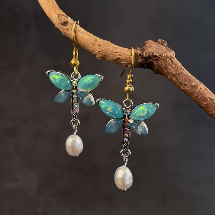 Vintage-Ohrringe Schmetterling mit grünem Opal und Perle