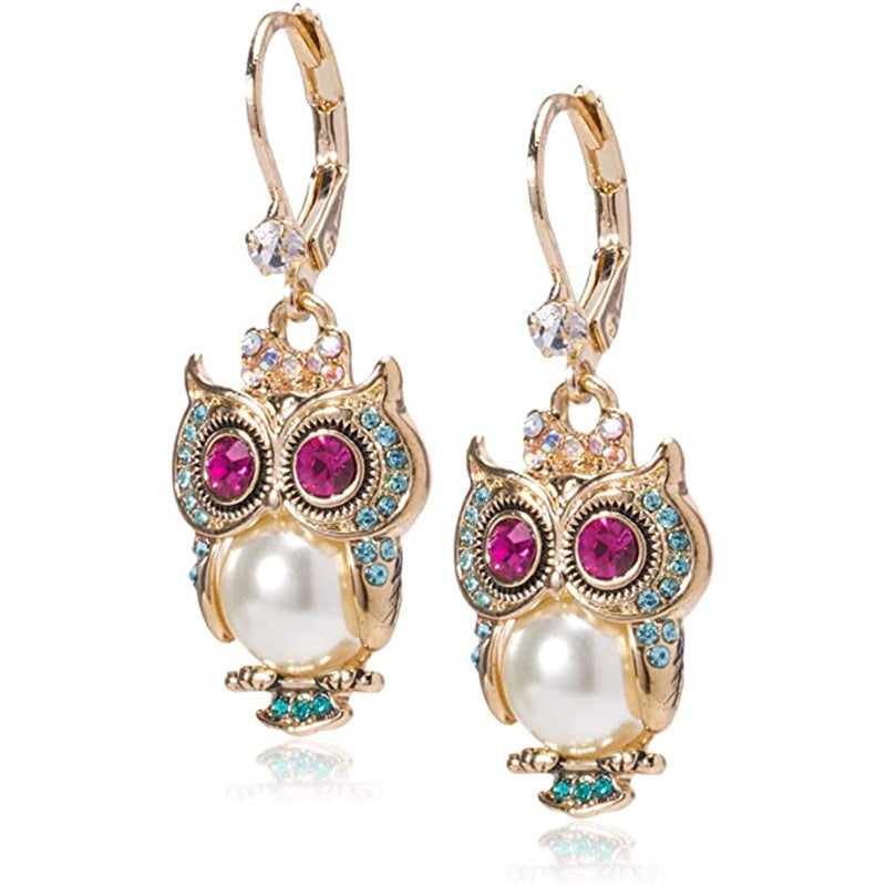 Vintage-Ohrringe Eule mit Kristallen und Perle