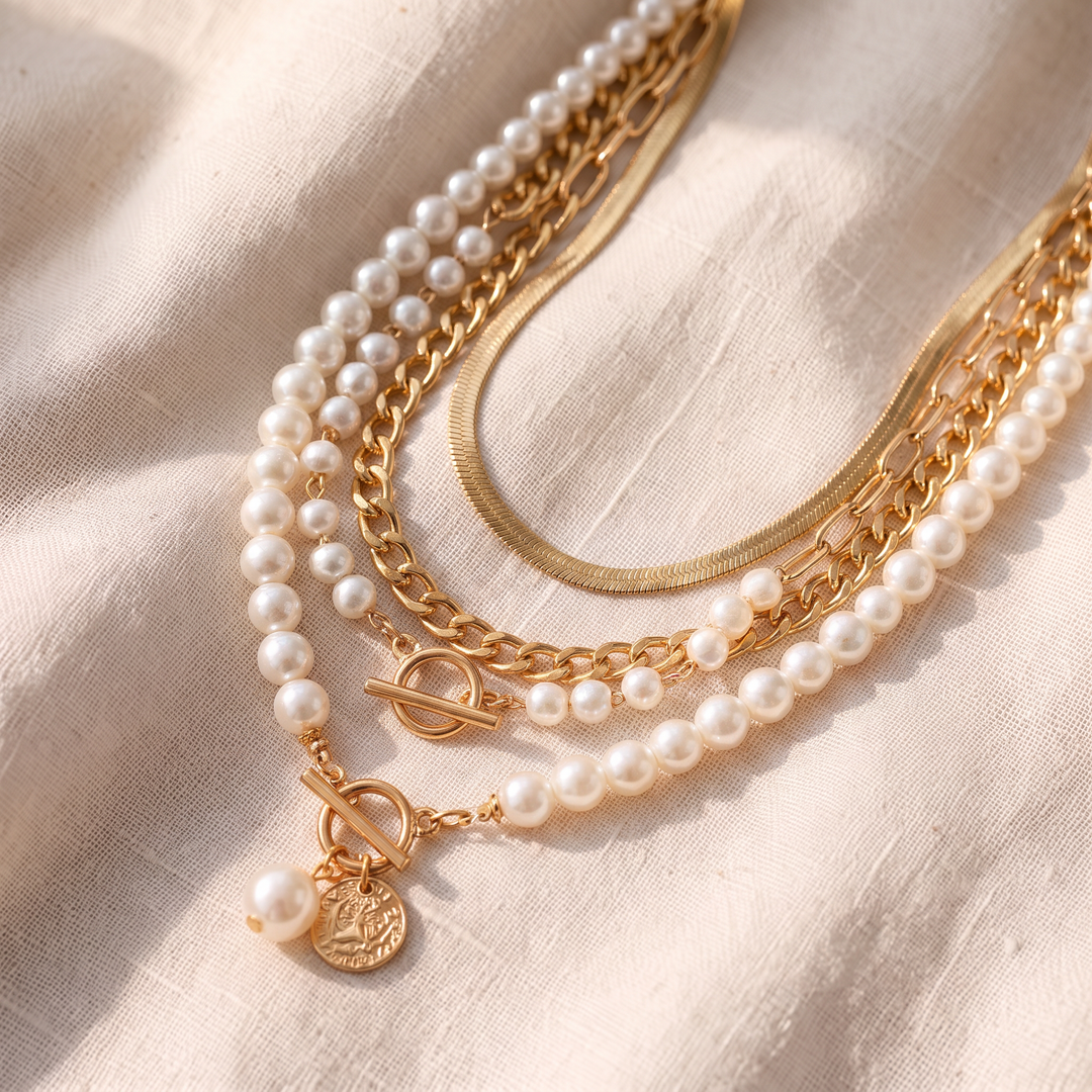Vintage-Halsketten-Set mit Perlen und goldener Schlangenkette | Gold