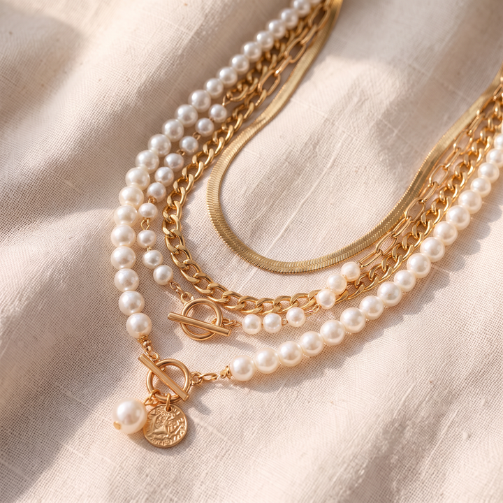 Vintage-Halsketten-Set mit Perlen und goldener Schlangenkette | Gold