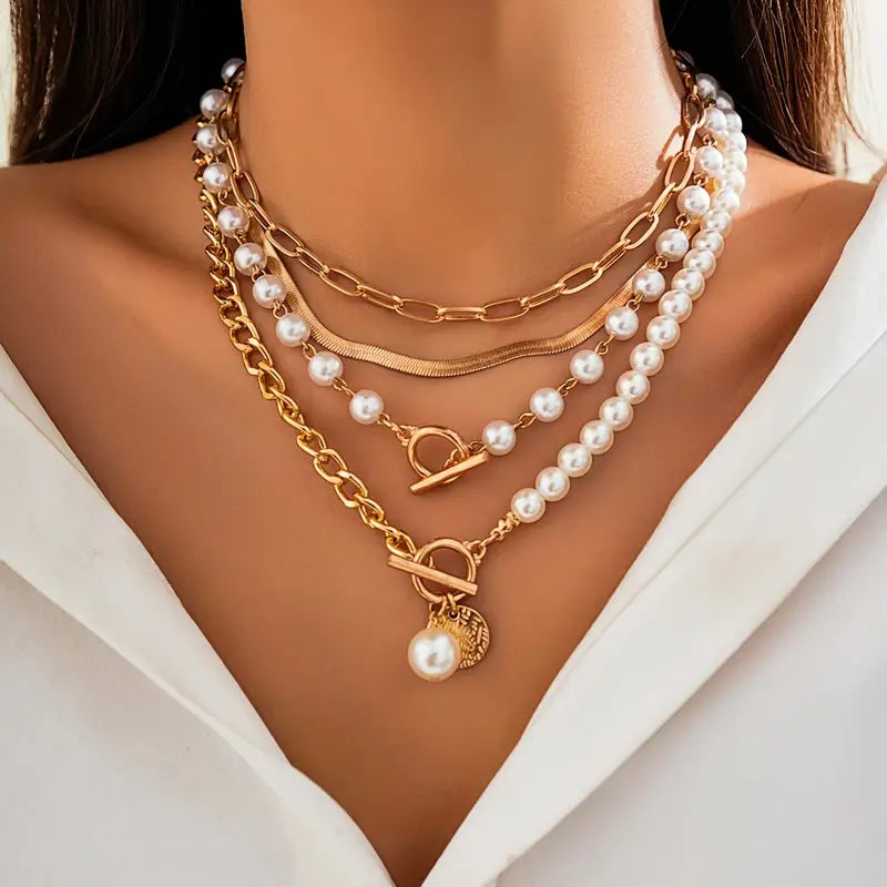 Vintage-Halsketten-Set mit Perlen und goldener Schlangenkette | Gold