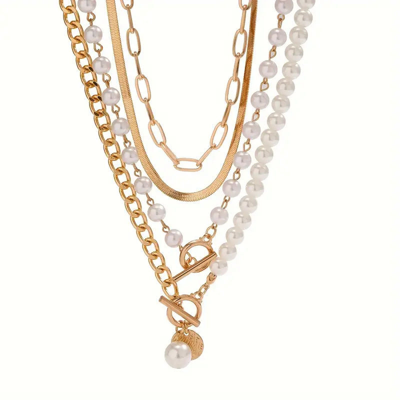 Vintage-Halsketten-Set mit Perlen und goldener Schlangenkette | Gold