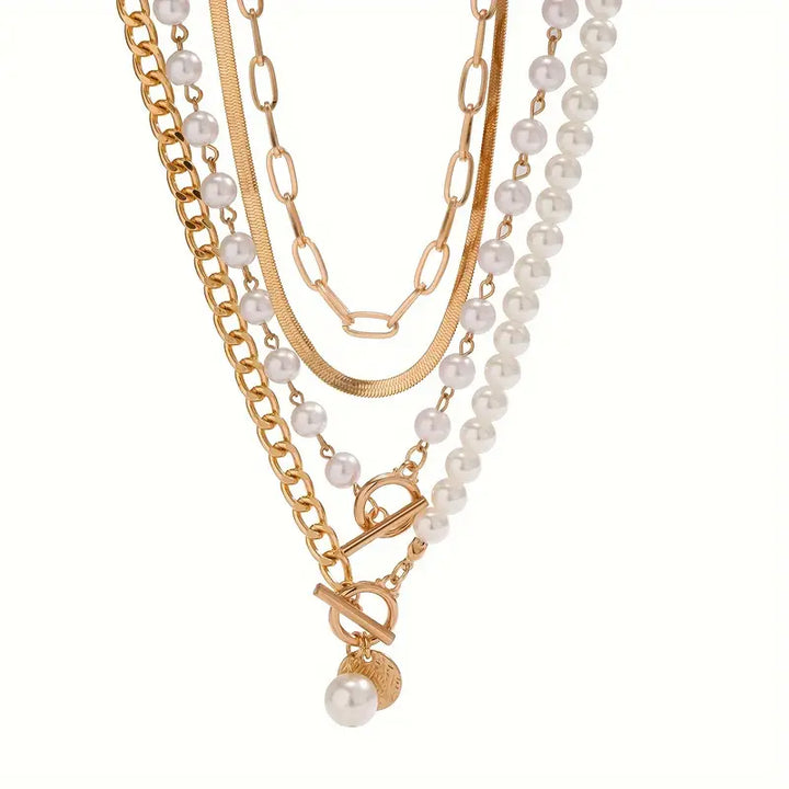 Vintage-Halsketten-Set mit Perlen und goldener Schlangenkette | Gold
