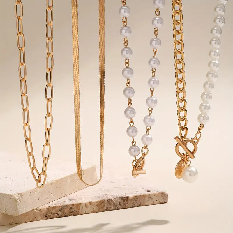 Vintage-Halsketten-Set mit Perlen und goldener Schlangenkette | Gold