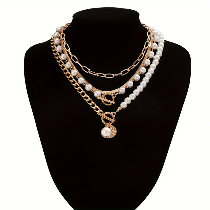 Vintage-Halsketten-Set mit Perlen und goldener Schlangenkette | Gold