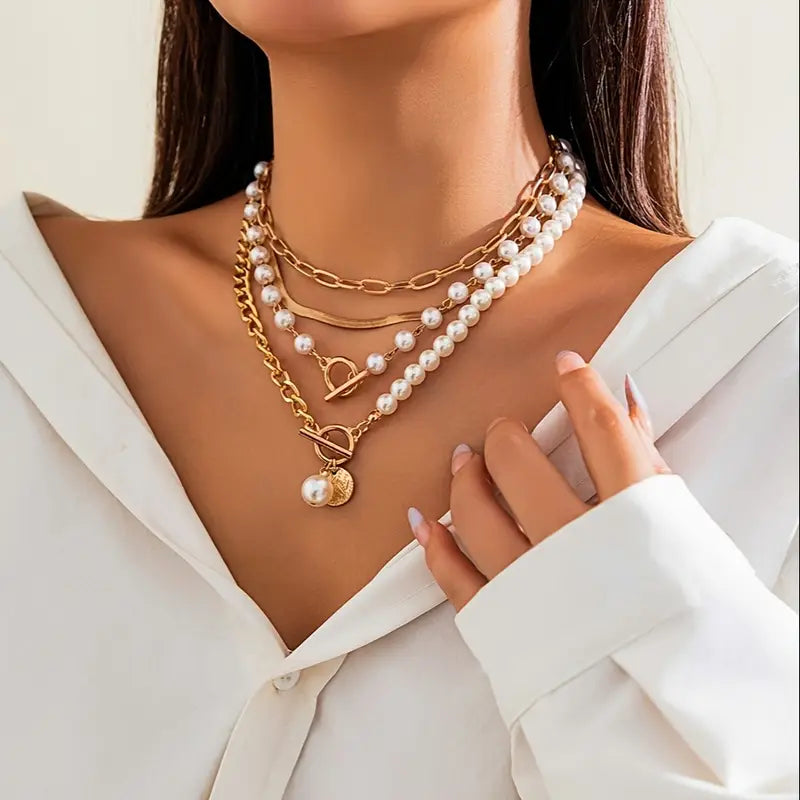Vintage-Halsketten-Set mit Perlen und goldener Schlangenkette | Gold