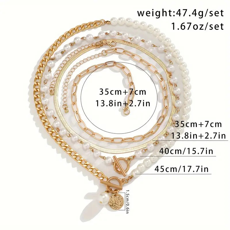 Vintage-Halsketten-Set mit Perlen und goldener Schlangenkette | Gold