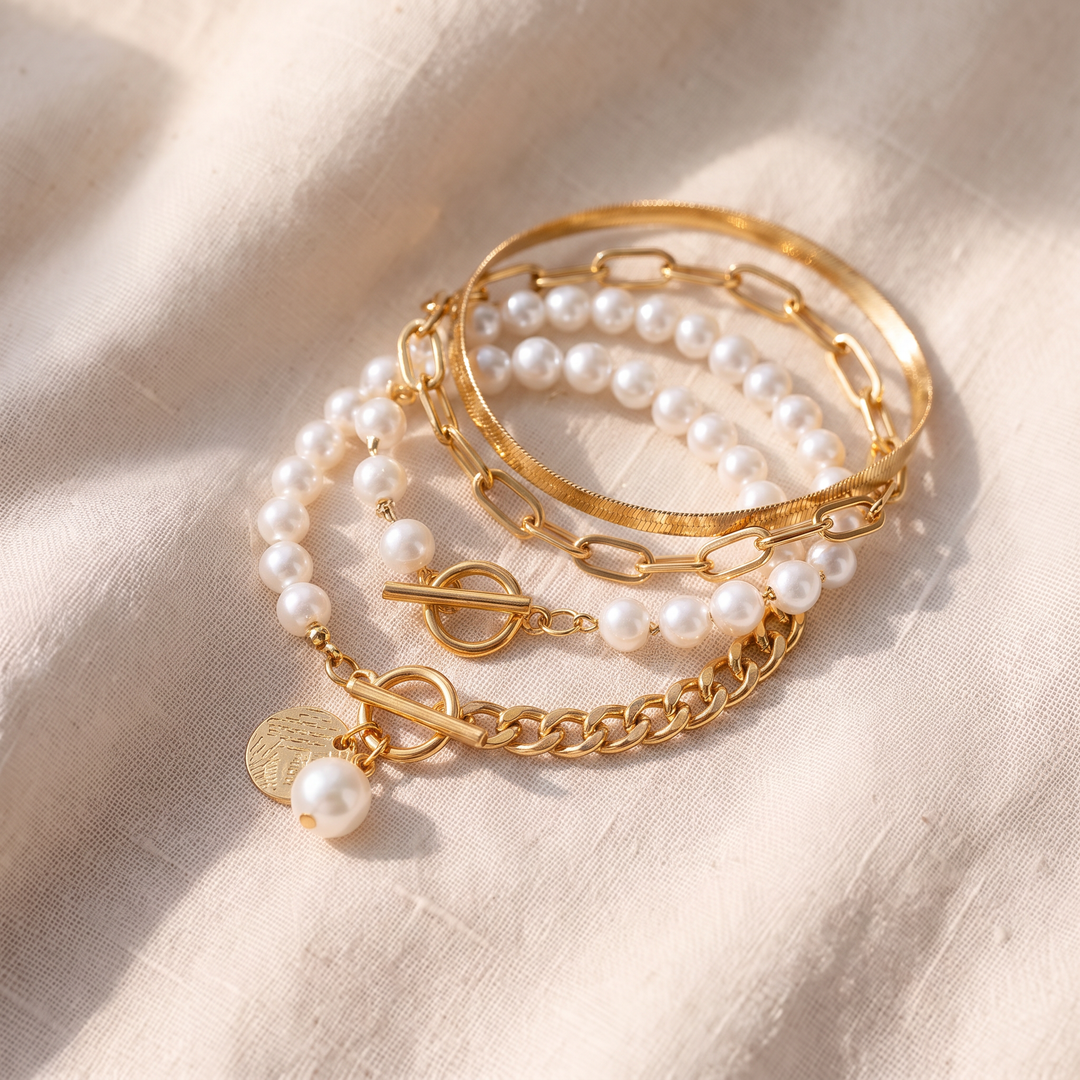 Set mit 4 goldenen Armbändern – Schlangenkette, Perlen und Glieder | Gold