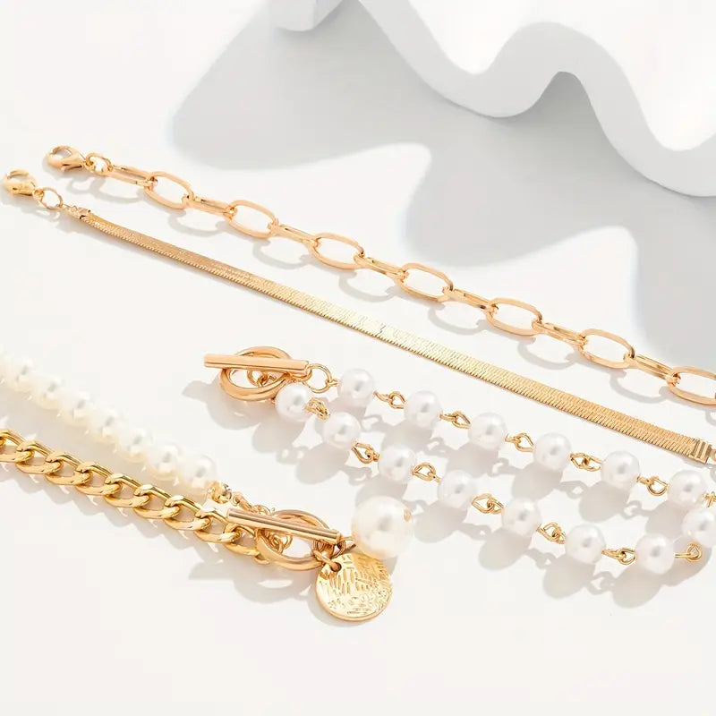 Set mit 4 goldenen Armbändern – Schlangenkette, Perlen und Glieder | Gold
