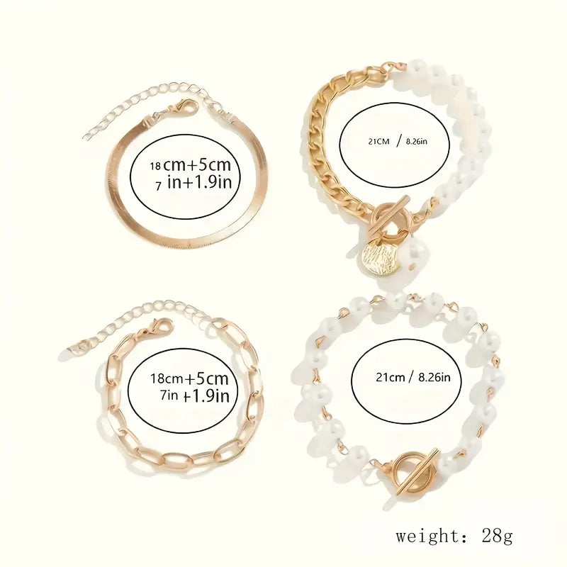 Set mit 4 goldenen Armbändern – Schlangenkette, Perlen und Glieder | Gold