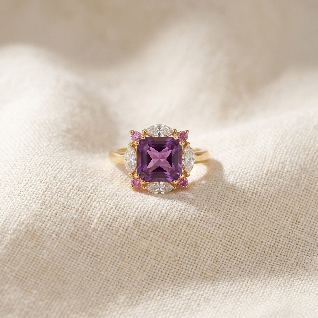 Auffälliger Halo-Ring mit Princess-Schliff