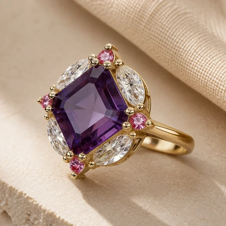 Auffälliger Halo-Ring mit Princess-Schliff