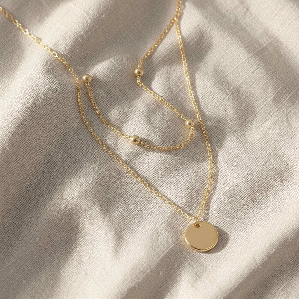 Zweireihige goldene Halskette mit Satelliten- und Münzkette