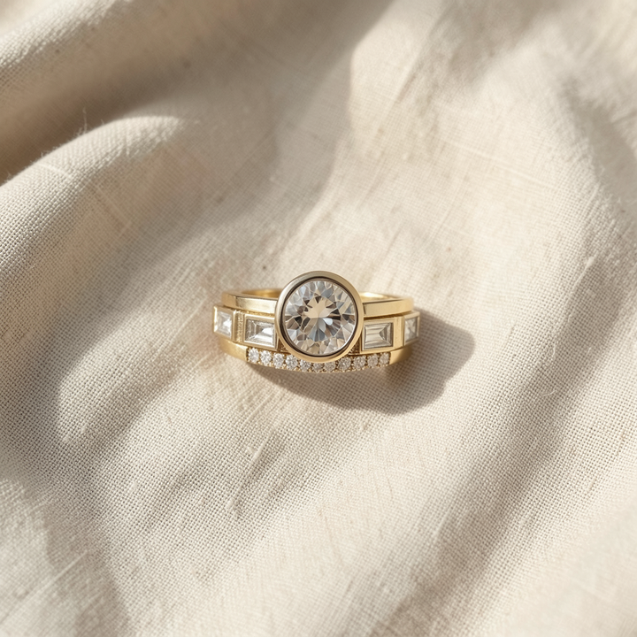 Set goldener Ringe mit eingelassenen Kristallen
