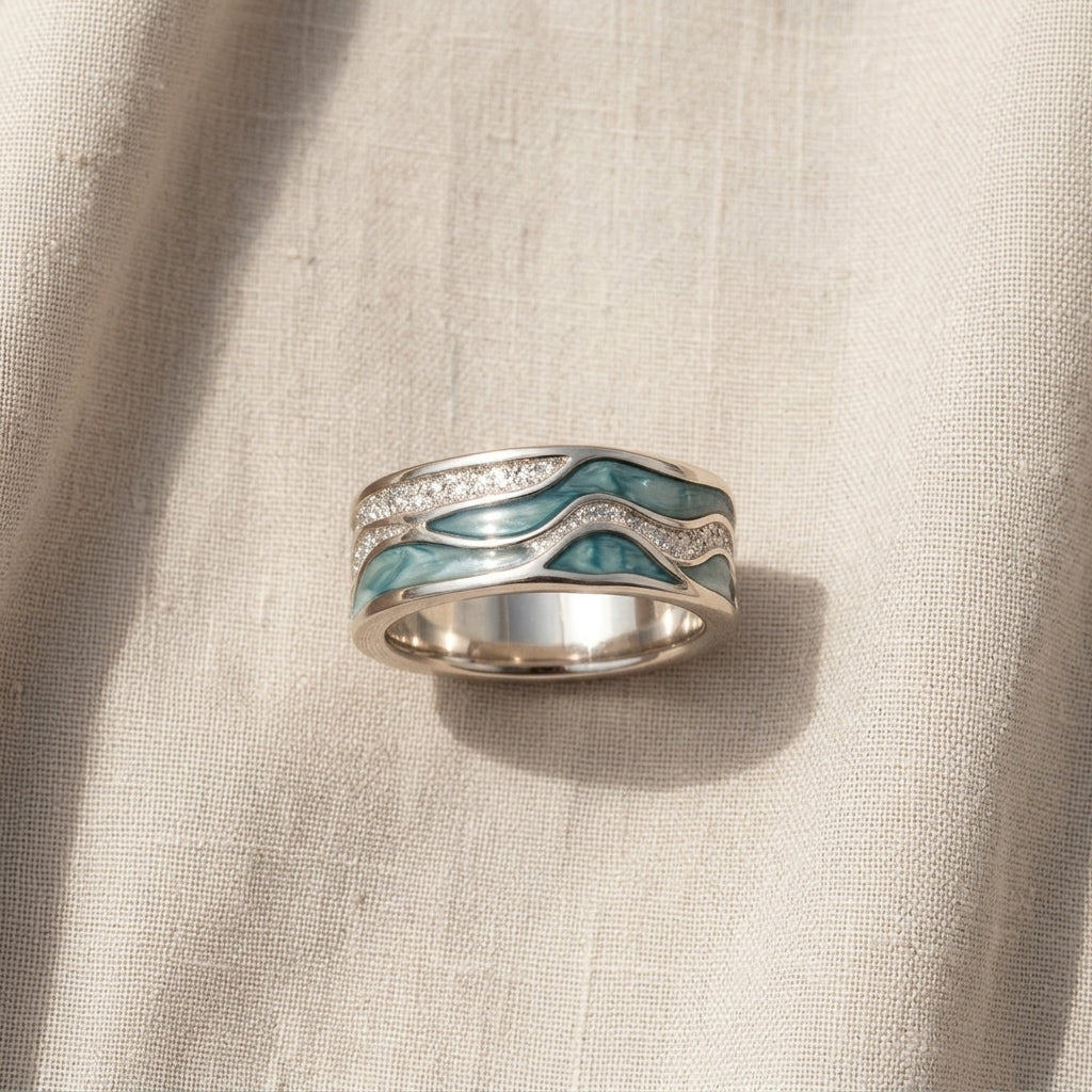 Versilberter Ring Türkise Wellen