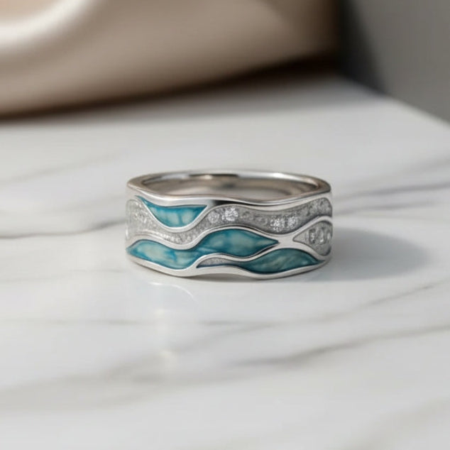 Versilberter Ring Türkise Wellen
