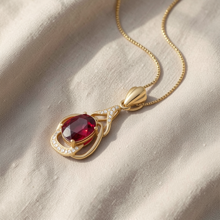 Prächtige goldene Halskette mit rotem Kristall
