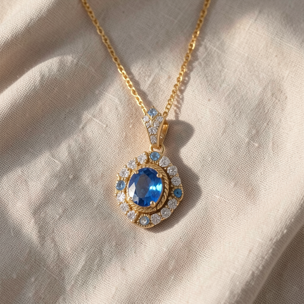 Goldene Halskette mit ovalem Saphir-Anhänger und doppeltem Halo