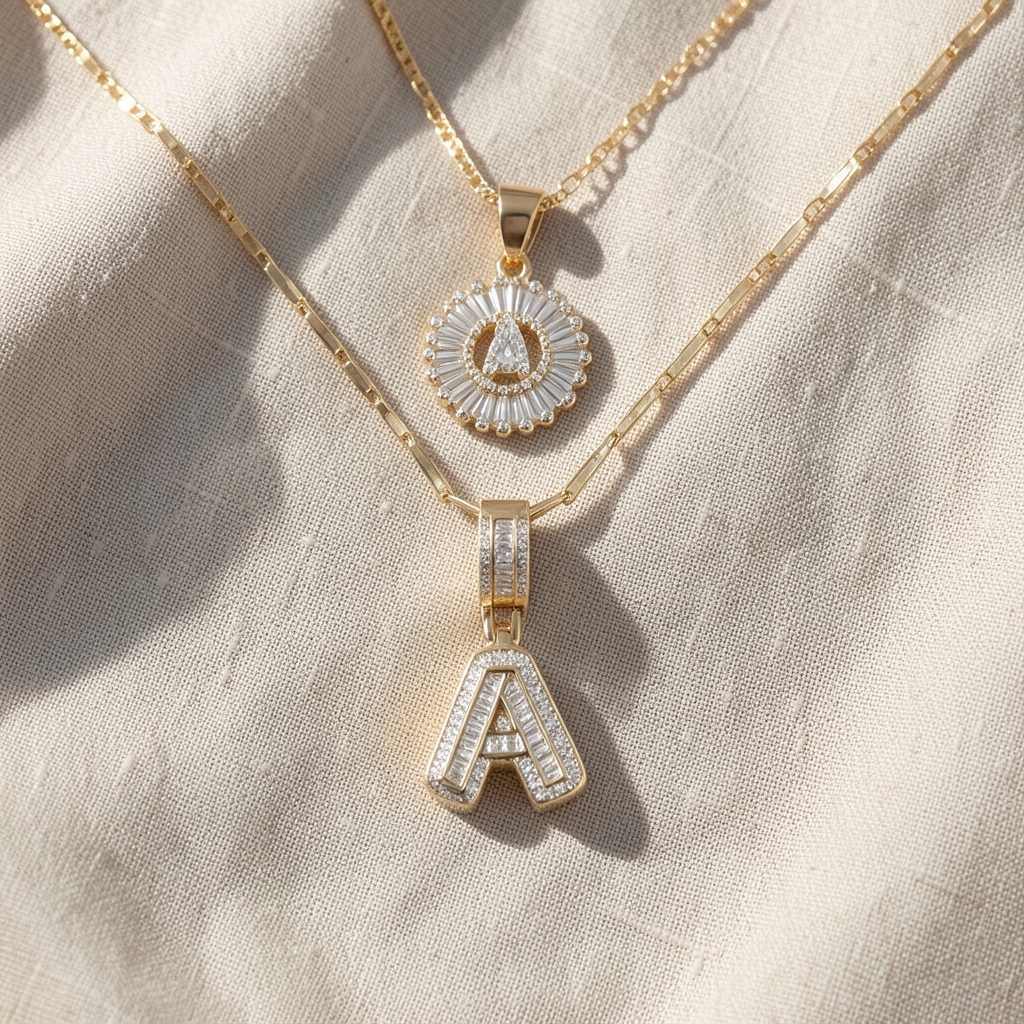 Pavé-Buchstabenhalsketten-Set | Gold