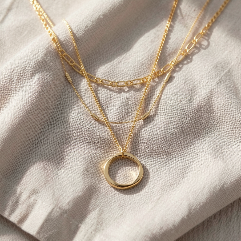 Dreireihige Halskette mit offenem Kreis | Gold