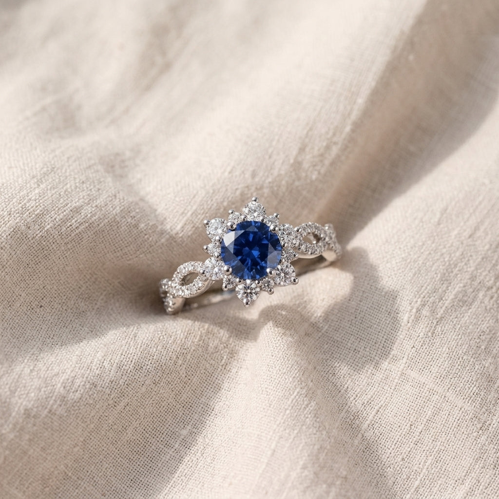 Ring Kristallblume mit Saphir | Weissgold